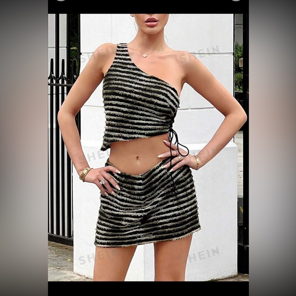 SHEIN ICON Striped One Shoulder Drawstring Side Crop Top & Skirt size M NWT - Picture 4 of 15